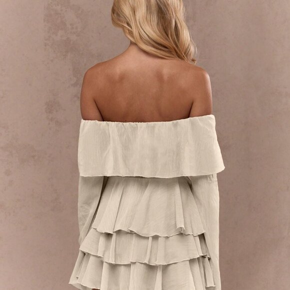 Apricot Boho Women's Flared Long Sleeves Ruffle Detail Bardot Crop Top - Picture 2 of 4